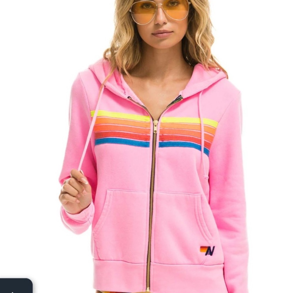 Aviator Nation - 5 STRIPE Zip up HOODIE - NEON PINK Sold out online - Size M